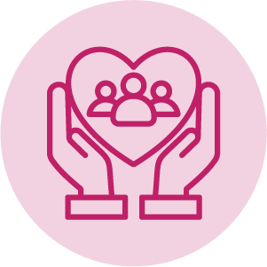 pink circle with line drawing of human hands cupping a heart with people inside it